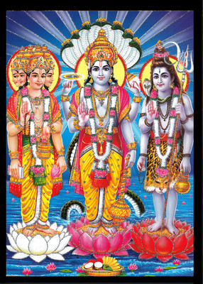 Deshkart BRAHMA VISHNU MAHESWAR Laminated Photo (8x11) in Wood, Wall + Back Support Mount Religious Frame