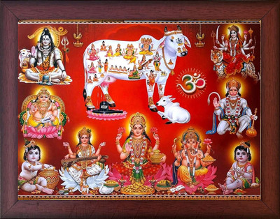FRAMTASTIC Kamdhenu Cow With Gods Photo Frame | 8X10 Inches Religious Frame
