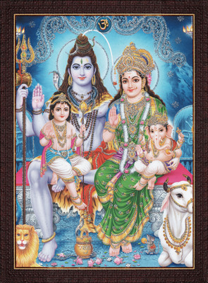 craftery Shiv Parivar Lord Shiva & Mata Parvati With Ganesha Digital Reprint 14 inch x 10 inch Painting(With Frame)