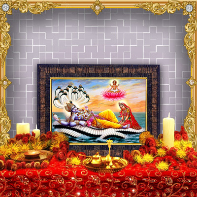 HAWAI Lord Bramha Vishnu Laxmi Mata Photo with Frame (5X7 Inch) Religious Frame