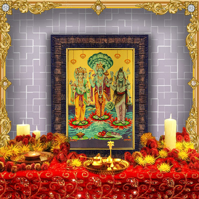 HAWAI Lord Brahma Vishnu Mahesh Gold Plated Photo Frame For Walldécor (10.5 X 10 In) Religious Frame