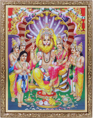 BM Traders Sri Lakshmi Narasimha Zari Photo In Copper Gold Frame Big (14 X 18 Inches) Religious Frame