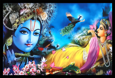 Mmory Beautiful Decorative Radha Krishna Wall Decor Art Painting Digital Reprint 9 inch x 12 inch Painting(With Frame)