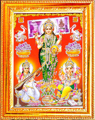 VCARTNOW Goddess Lakshmi with Goddess Saraswati & Lord Ganesha HD Printed Religious Religious Frame