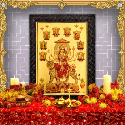 HAWAI Ma Durga Durga mata Nav Durga Gold Plated photo frame (13.5x10in)for pooja room Religious Frame