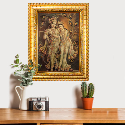 HAWAI Lord Sree Krishana Radha Gold Plated photo with Frame(13.5x10in)for Puja Religious Frame