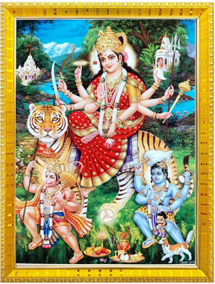 koshtak Maa Durga/Maa Ambe/Maa Sherawali With Hanuman & Kaal Bhairav Religious Frame