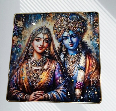 Artovia Radha Krishna Stone Crystal Wall Painting | 31cm x 31cm Divine Wall Art Canvas 31 inch x 31 inch Painting(With Frame)