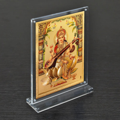 HAWAI Gold Plated Goddess Saraswati Photo with Acrylic Frame(8x5.8 in) Religious Frame