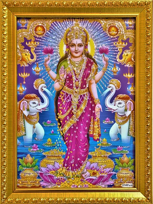 shreya arts frame wth glass Dhana Lakshmi/ Lakshmi Pooja/ Lakshmi Ganesh Saraswati/ Devi Lakshmi Photo Religious Frame