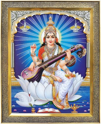 koshtak Saraswati Mata On White Lotus With Sitar Religious Frame