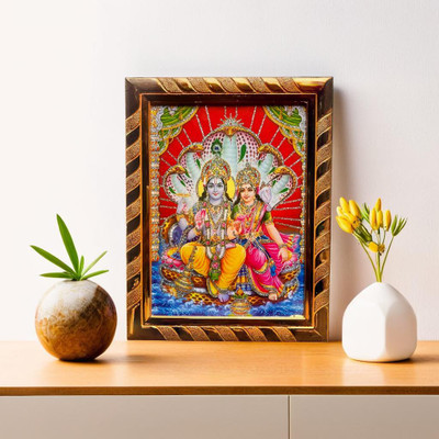 Rhaa Lord Vishnu and Laxmi/Lakshmi Ji on Sheshnag Acrylic Laminated Jari-Coated Religious Frame