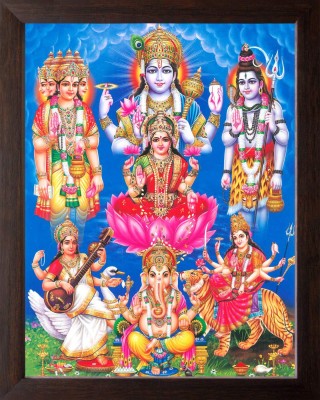 FRAMTASTIC God Brahma Vishnu Mahesh with Mata Durga,Devi Saraswati & Lakshmi-Ganesha Religious Frame