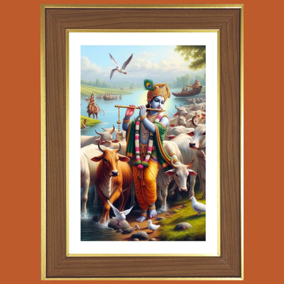 HitechMart Shri Krishna Playing Flute With Cows Photo Frame 18x22 Inches Religious Frame