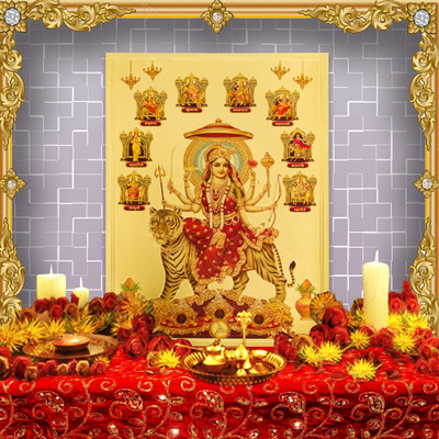 HAWAI Ma Durga Durga mata Nav Durga Gold Plated photo frame (30x21cm)for pooja room Religious Frame