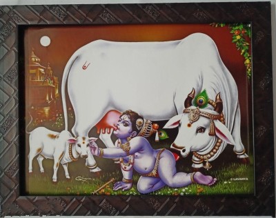 VGS MARKETINGS Gau Feeding Krishna Kanna Cow Krishna Komatha Giving milk to khanna Kannan Religious Frame