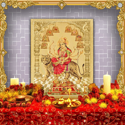 HAWAI Durga Devi NavDurga Sherawali Gold Plated Photo (NO Frame)(5x7inch) Religious Frame