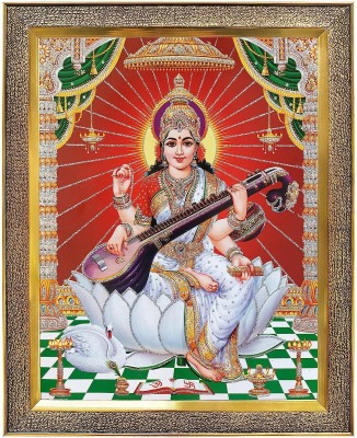 koshtak Saraswati Mata On White Lotus With Sitar Religious Frame