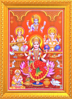 shreya arts frame wth glass Dhana Lakshmi, Ganesh, Saraswati, Vishnu With Kubera/ Devi Lakshmi Photo Religious Frame