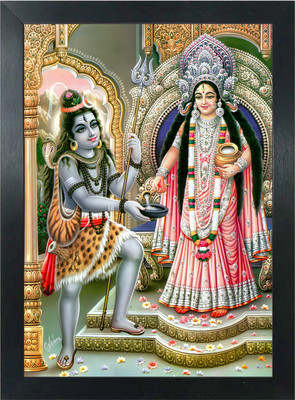 GAYATRIGRAPHICS Lord Shiv Ji & Mata Annapurna Wooden Laminated Wall Decor for Home & Office Religious Frame