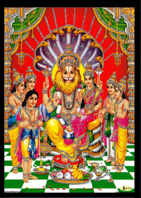 Deshkart NARASIMHA LAKSHMI Laminated Photo (5x7) inch on Wooden Base + Back Support Mount Religious Frame
