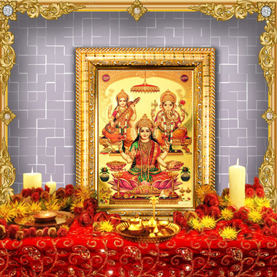 HAWAI Lakshmi Saraswati Ganesha Ji Wall Hanging Photo Frame for Worship(8.5x6.5in) Religious Frame