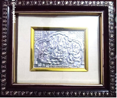Pew Hindu Heritage Haven Lakshmi,Ganesh,Sarasvati Ji Silver Plated Photo for pooja Religious Frame