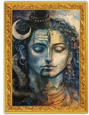 DEKORPRINT Lord Shiva Mahadev Golden Photo Frame for Home Temple & Wall Decor Digital Reprint 12 inch x 8 inch Painting(With Frame)