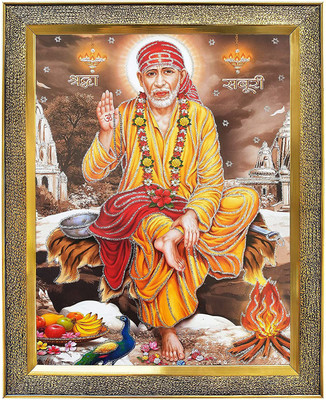 koshtak Shirdi Saibaba Sitting On Stone Throne Giving Blessing Religious Frame