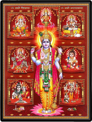 HitechMart Vishnu with Krishna, Ganesh, Shiva, Sarawati, Ram and Durga Laminated Photo Religious Frame