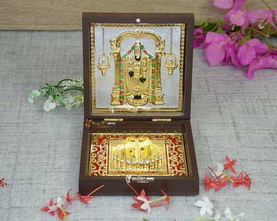 GoldGiftIdeas 24K Gold Plated Tirupati Balaji Photo Frame with Charan Paduka Box Religious Frame