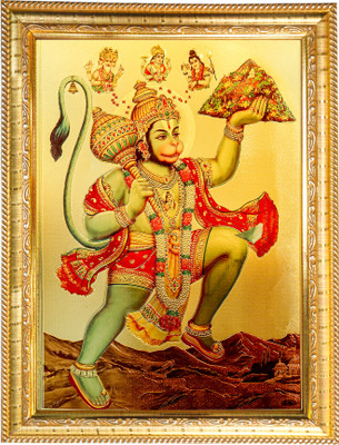 HAWAI Shree Hanuman Sanjeevani Parvat Dhari Wall Hanging Photo with Frame for Worship Religious Frame