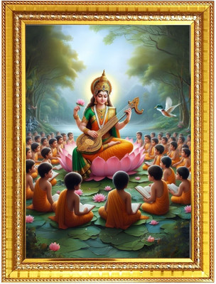 HitechMart Goddess Maa Saraswati Sitting on Flower Photo Frame 16x20 Inches Religious Frame