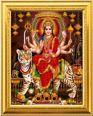 NDFRAME sherawali mata Durga Maa nav Durga on Tiger golden Photo Frame with Laminated Religious Frame