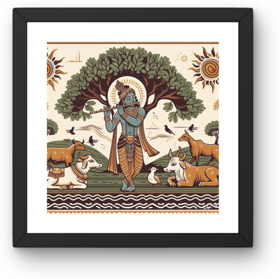 DEITYCRAFTS Shree Krishna Photo Frame | Lord Krishna Playing Flute Tribal Art Religious Frame