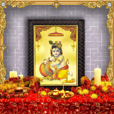 HAWAI Bal Gopal Krishna Religious Poster Photo with Frame (13.5X10 Inch) Religious Frame