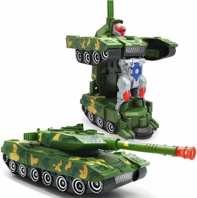 MeToy Deformation Combat Tank Transform Robot Toy with Light & Music Automatic Transforming Robot Tank Toy for Kids with Bump Function (Combat Tank)(Green)