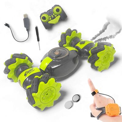 FANSEEKART Rc Stunt Car Double Sided Rotating Hand Gesture Twisting Car with smoke effect_9(Green)