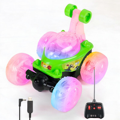 Just97 Rechargeable Remote Control 360 Degree Stunt Car Music & Lights for Kids_327(Green)