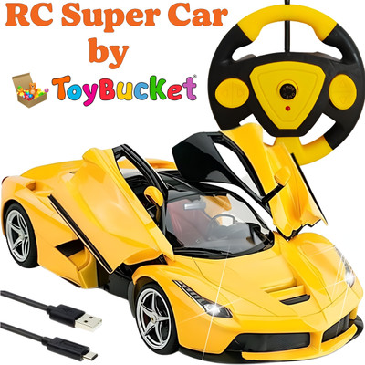 ToyBucket RC Super Car 1:16 Scale Toy with Steering Remote, LED Lights & USB Charging(Yellow)