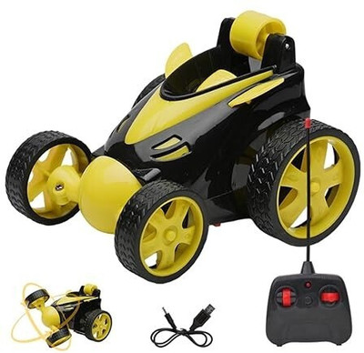 JRCLUB Rechargeable 5-Function 360° Rotating Stunt Car Toy with Remote & USB Cable(Yellow, Power Source: Lithium Battery in Car (Included))