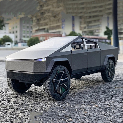crezor toys 1:36 Tesla Cyber Truck Alloy Metal Replica Toy Car Open Door Pull Back light toy(Grey)