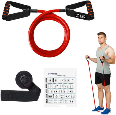 Strauss Single Resistance Tube with Door Knob | Resistance Band | Exercise Band Resistance Tube((Red with Foam Handle), 20 LBS)