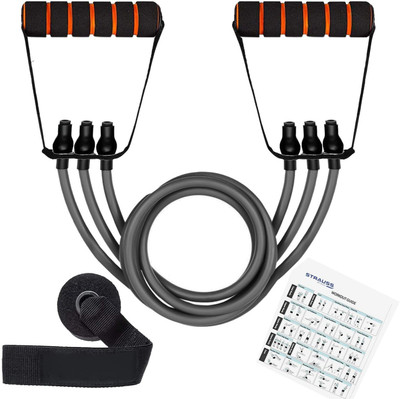 Strauss Triple Resistance Tube with Door Knob | Resistance Band | Exercise Band Resistance Tube((Black with Foam Handle), 90 LBS)