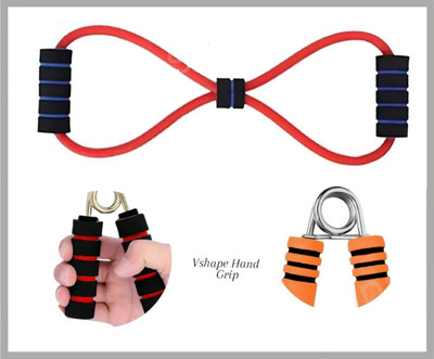 SUNSHINE GROUPS 8 Figer Elastic Stretch Single Workout Resistance Band & V Shape Hand Gripper Resistance Tube(Multicolor)