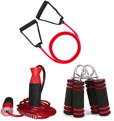 AJRO DEAL GYM Combo of 3-Single Toning Tube, Hand Grip With Skipping Rope. Resistance Tube(Multicolor)