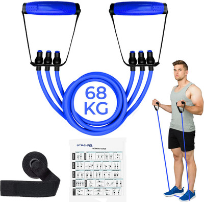 Strauss Triple Resistance Tube with Door Knob | Resistance Band | Exercise Band Resistance Tube((Blue with PVC Handle), 150 LBS)