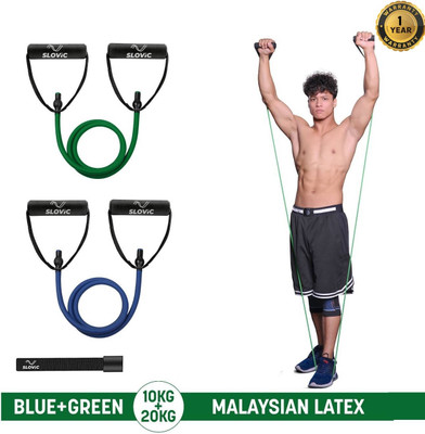 SLOVIC Gym Latex Tube With Foam Handles & Door Anchors For Stretching Excersise (Combo) Resistance Tube(Blue & Green)