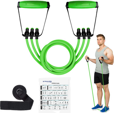 Strauss Triple Resistance Tube with Door Knob | Resistance Band | Exercise Band Resistance Tube((Green with PVC Handle), 120 LBS)