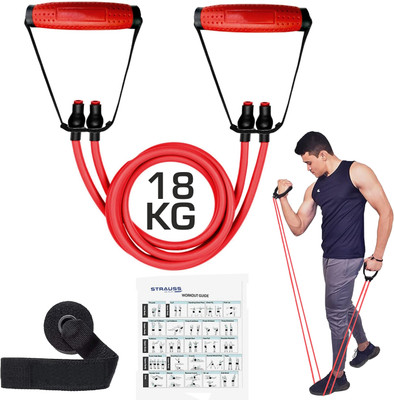 Strauss Double Resistance Tube with Door Knob | Resistance Band | Exercise Band Resistance Tube((Red with PVC Handle), 40 LBS)